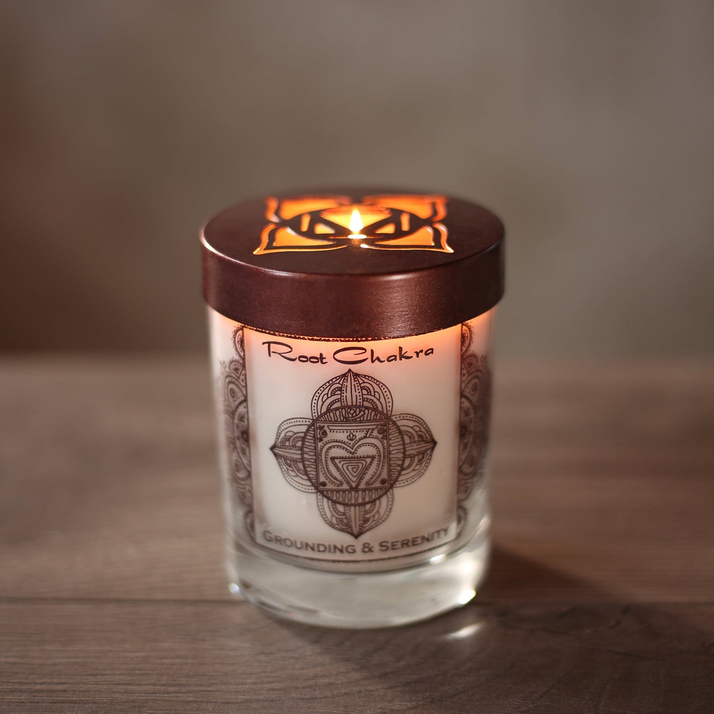 Prabhuji Root Chakra Muladhara | Soy Candle for Chakra Meditation with Essential Oils |  Sandalwood | Grounding and Serenity - 10.5oz