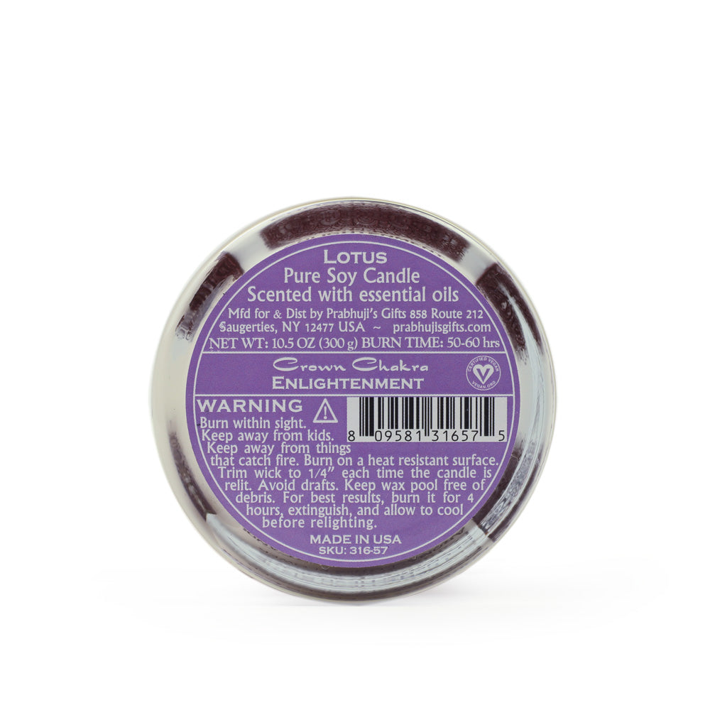 Soy Candle for Chakra Meditation Scented with Essential Oils | Crown Chakra Sahasrara | Lotus Flower | Enlightenment - 10.5oz - Wholesale and Retail Prabhuji's Gifts