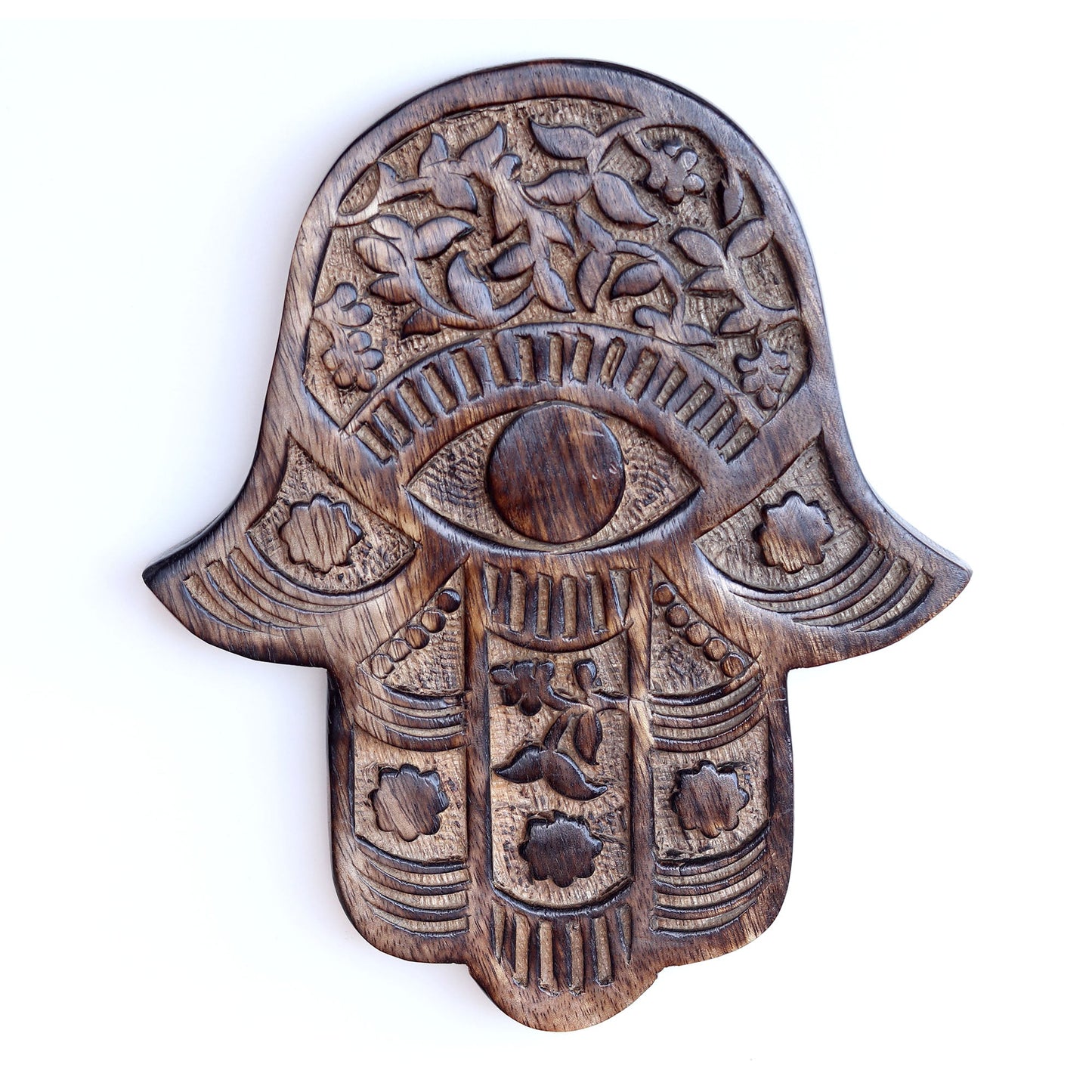 Prabhuji Decor - Wooden Hamsa - Vines and Flowers 7"x6"