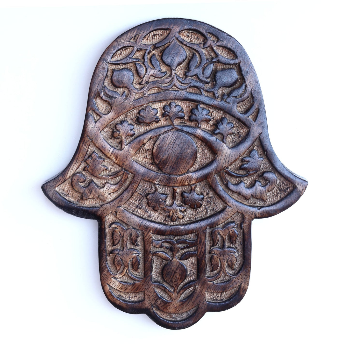 Decor - Wooden Hamsa - Pomegranate 7"x6", Hand of Mary, Hand of Fatima - Wholesale and Retail Prabhuji's Gifts