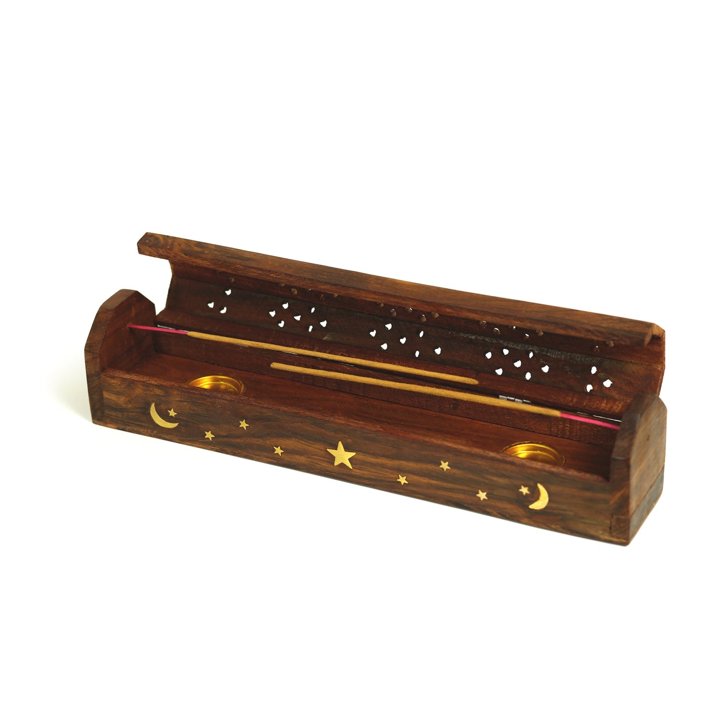 Prabhuji Incense Burner - Wooden Box with Storage - Moon and Star