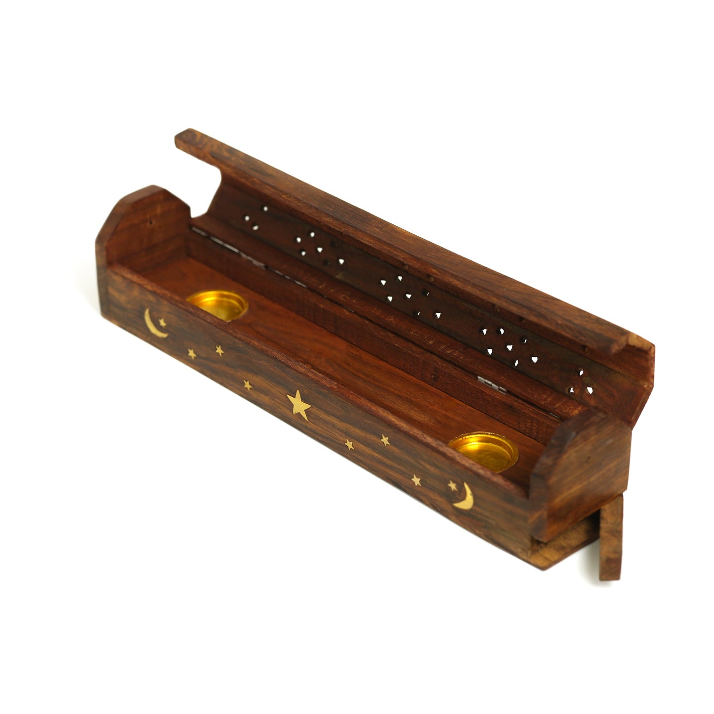 Prabhuji Incense Burner - Wooden Box with Storage - Moon and Star