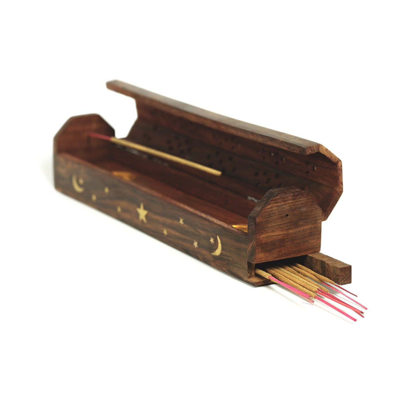 Prabhuji Incense Burner - Wooden Box with Storage - Moon and Star