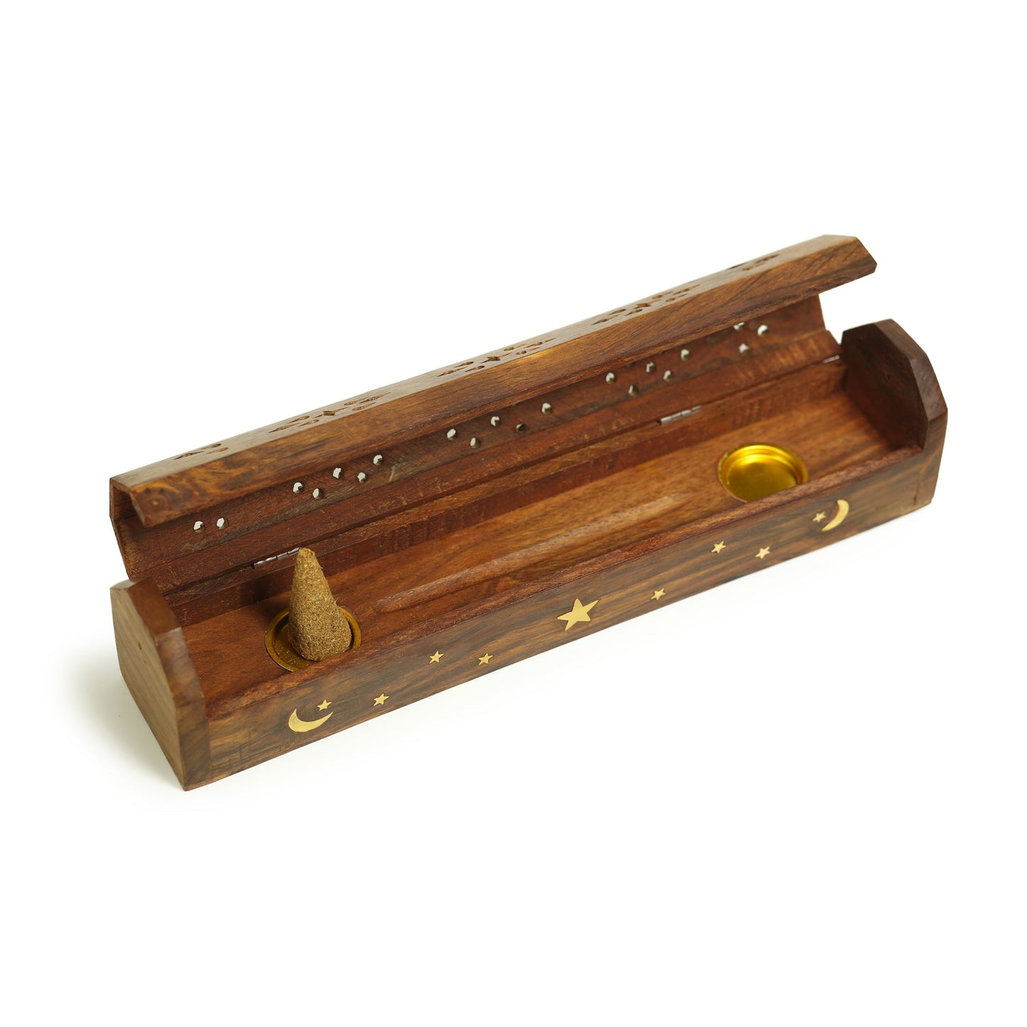 Prabhuji Incense Burner - Wooden Box with Storage - Moon and Star