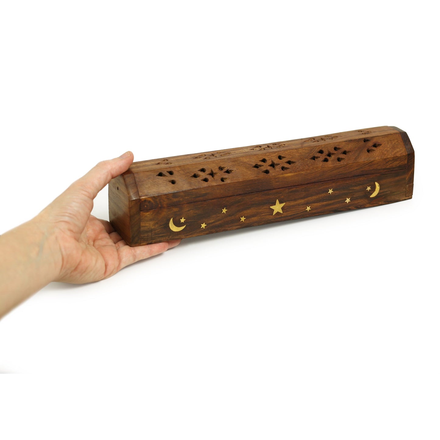 Prabhuji Incense Burner - Wooden Box with Storage - Moon and Star