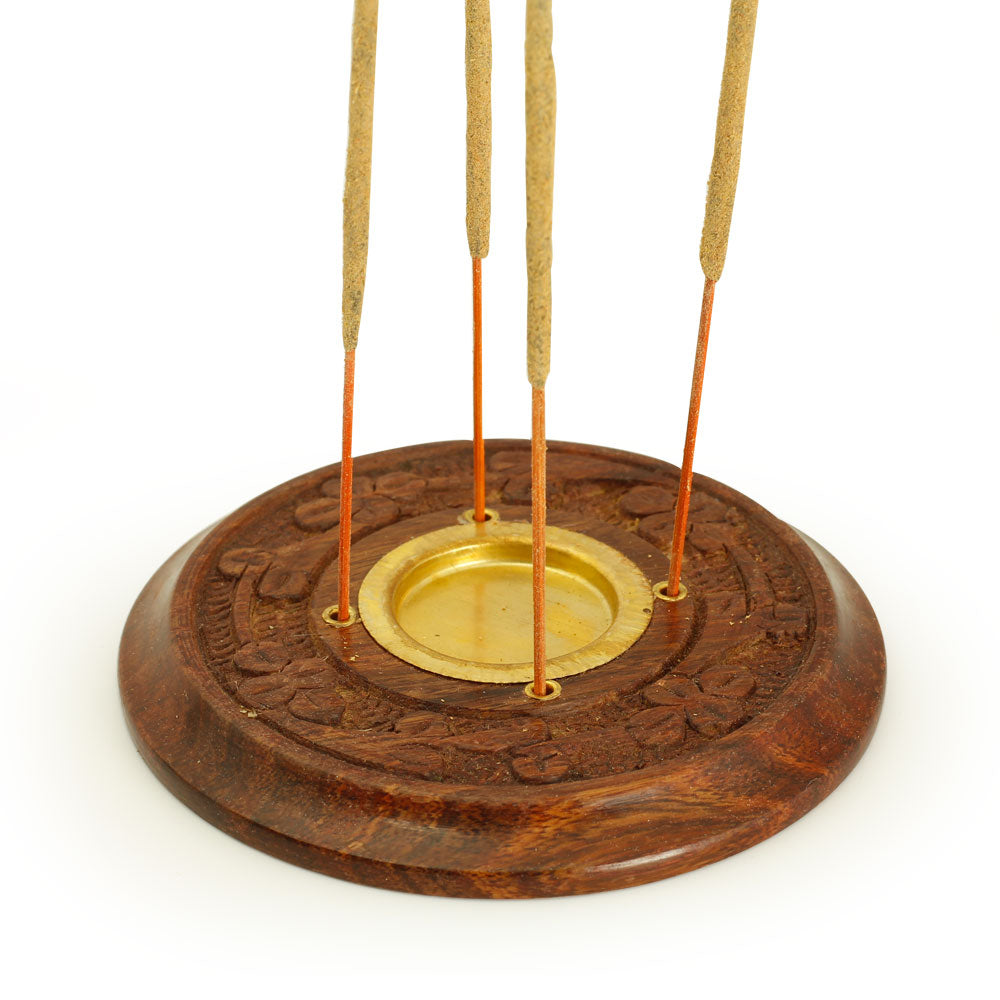 Incense Burner - Wooden Round Plate Flowers - 4 inches - Wholesale and Retail Prabhuji's Gifts