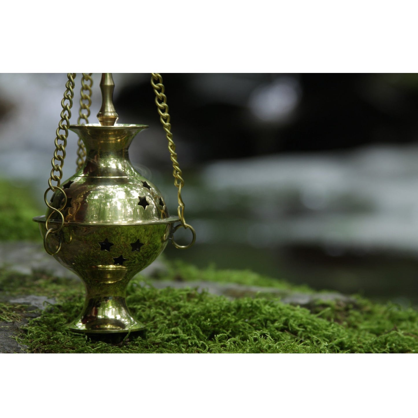 Prabhuji Burner - Hanging Brass Burner, Quatrefoil Jali 5"Hx2.75"D"