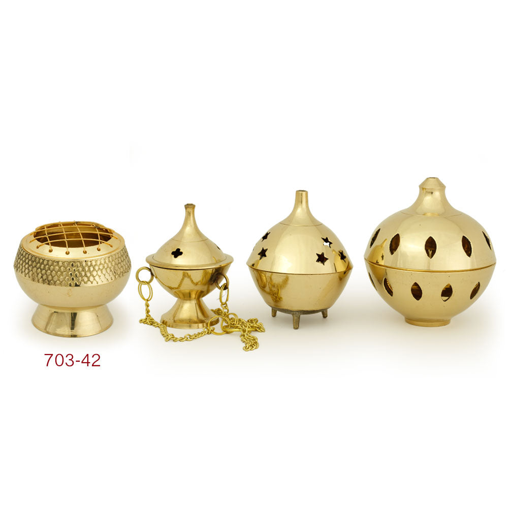 Burner - Embossed Brass Burner, Medium Base, Net Top 2.25"Hx2.5"D - Wholesale and Retail Prabhuji's Gifts