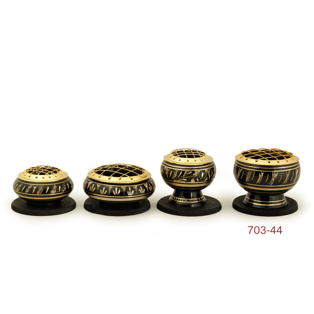 Burner - Black Brass Burner, Medium Base, Feather Engraving, Net Top 2"Hx2.5"D - Wholesale and Retail Prabhuji's Gifts