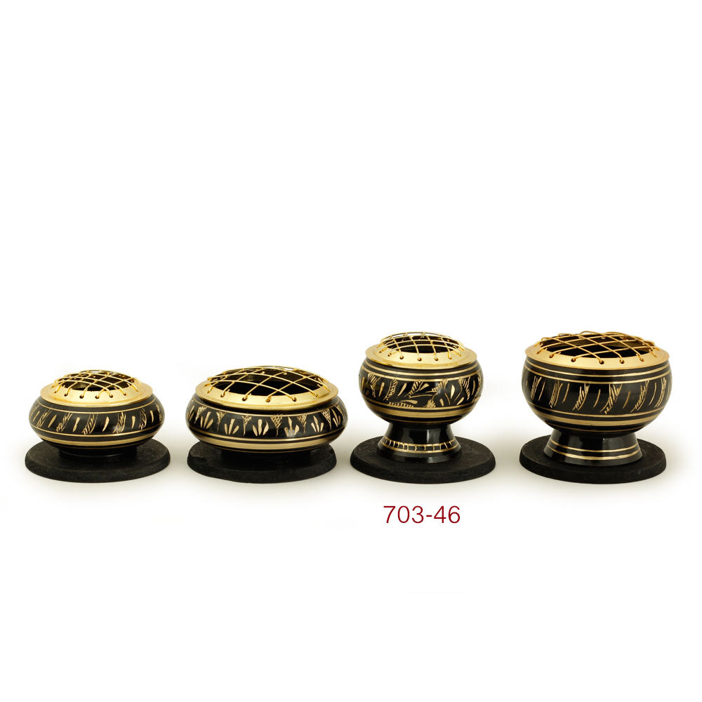 Burner - Black Brass Burner, Medium Base, Fern Engraving, Net Top 2"Hx2"D - Wholesale and Retail Prabhuji's Gifts