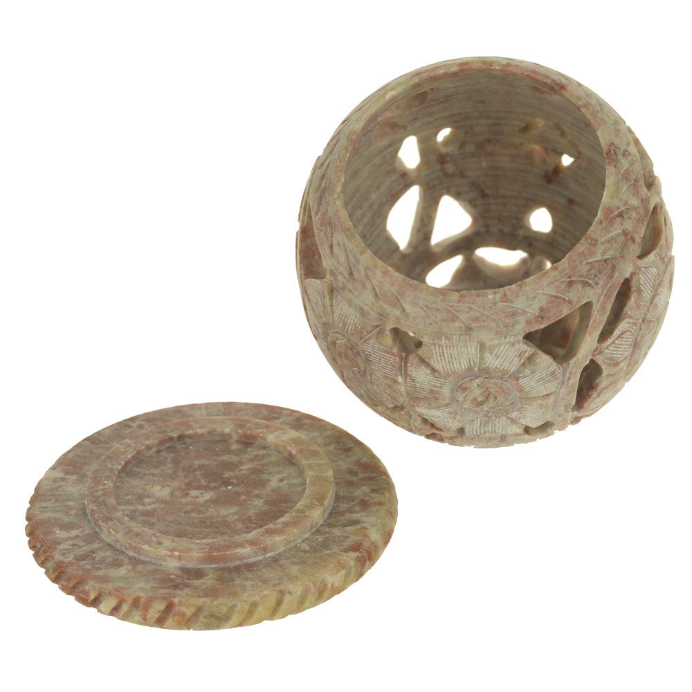 Burner for Cones and Candle Holder - Soapstone Carved T-Lite Ball - Large leaves 3 inches - Wholesale and Retail Prabhuji's Gifts