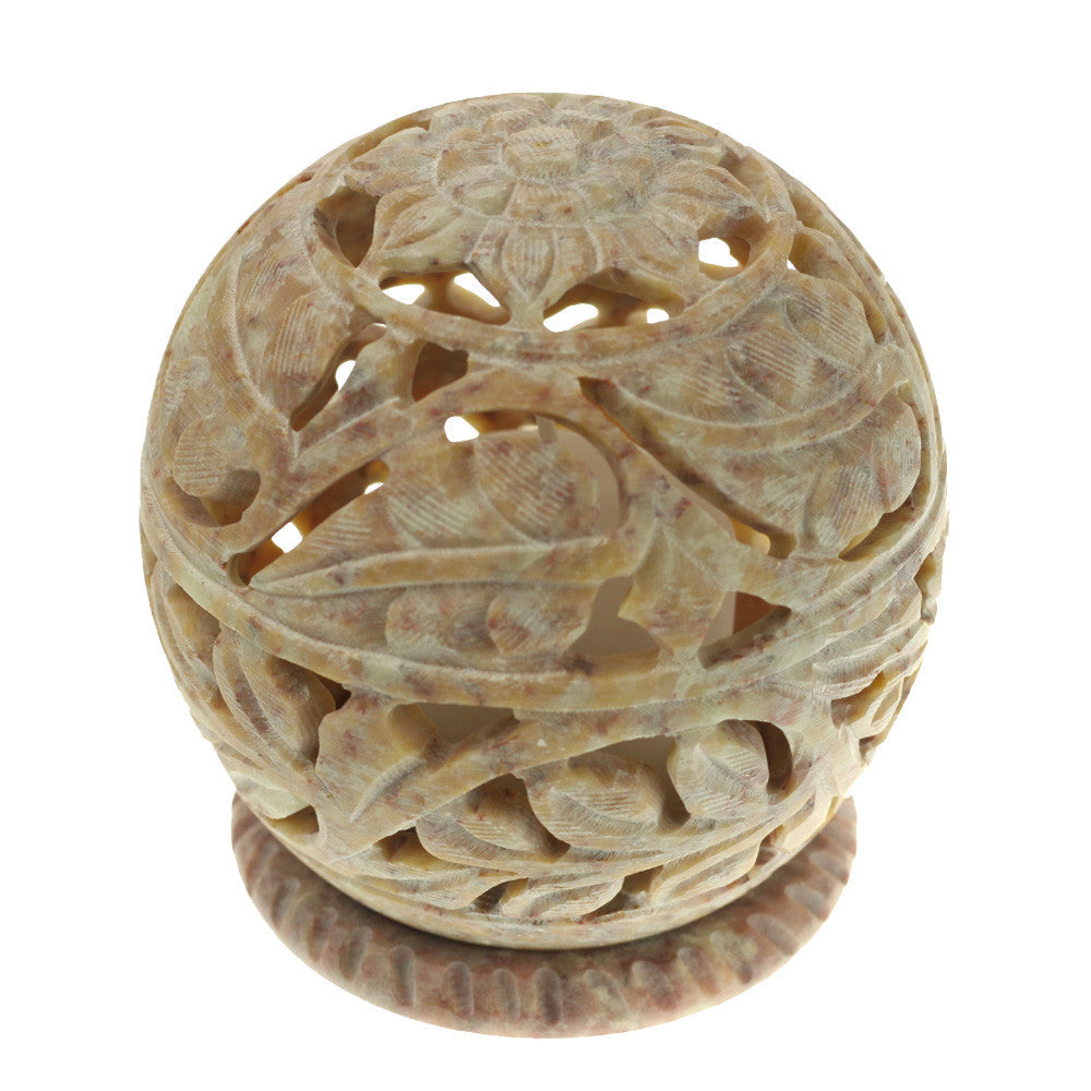 Burner for Cones and Candle Holder - Soapstone Carved T-Lite Ball - Large leaves 3 inches - Wholesale and Retail Prabhuji's Gifts