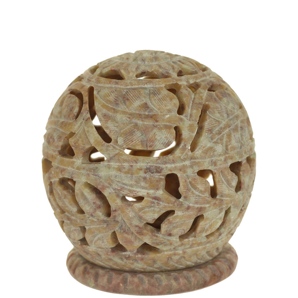 Burner for Cones and Candle Holder - Soapstone Carved T-Lite Ball - Large leaves 3 inches - Wholesale and Retail Prabhuji's Gifts