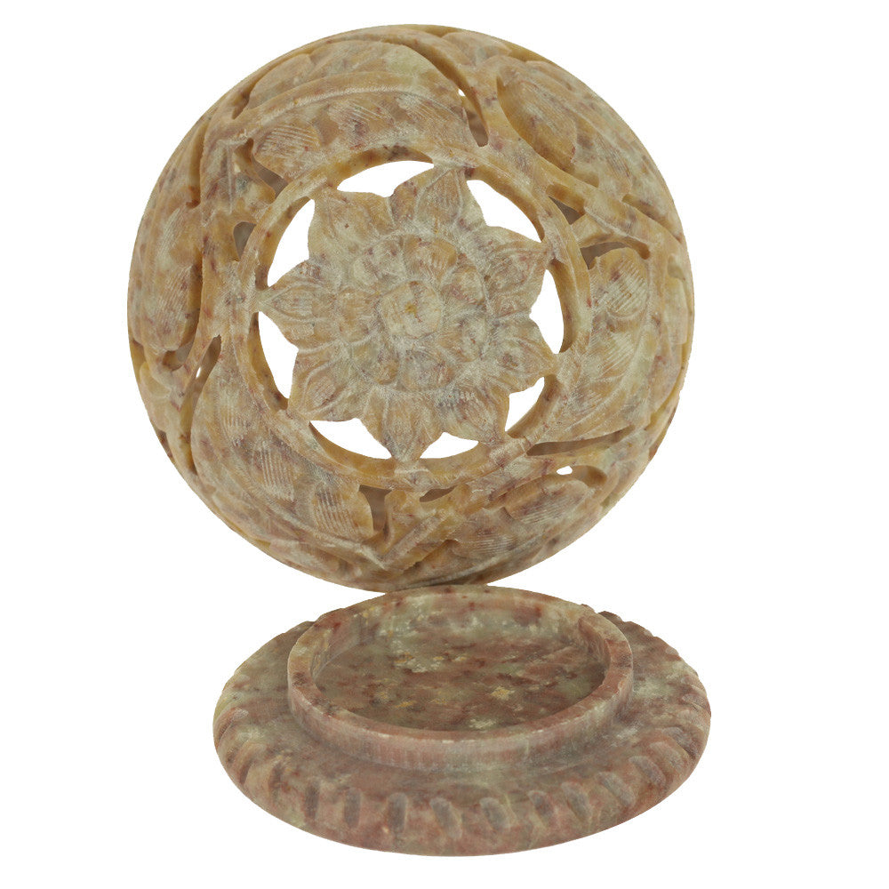 Burner for Cones and Candle Holder - Soapstone Carved T-Lite Ball - Large leaves 3 inches - Wholesale and Retail Prabhuji's Gifts