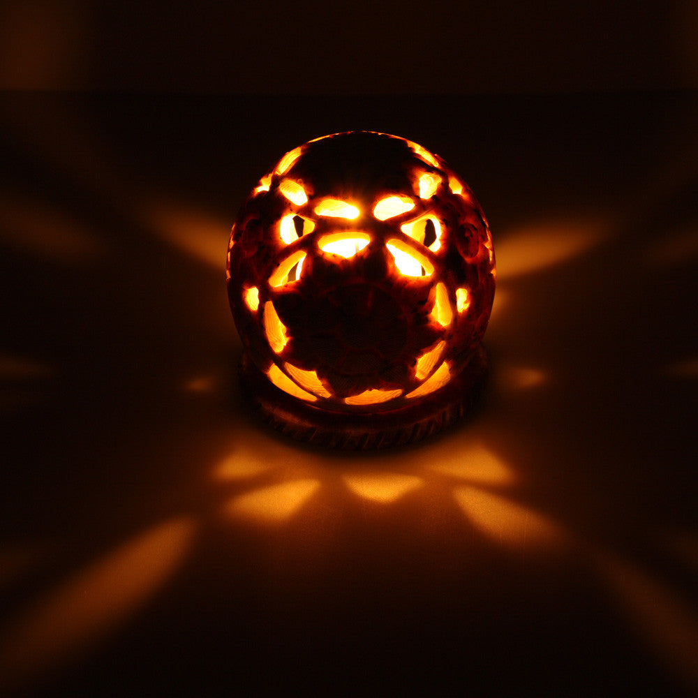 Burner for Cones and Candle Holder - Soapstone Carved T-Lite Ball - Flowers 3 inches - Wholesale and Retail Prabhuji's Gifts