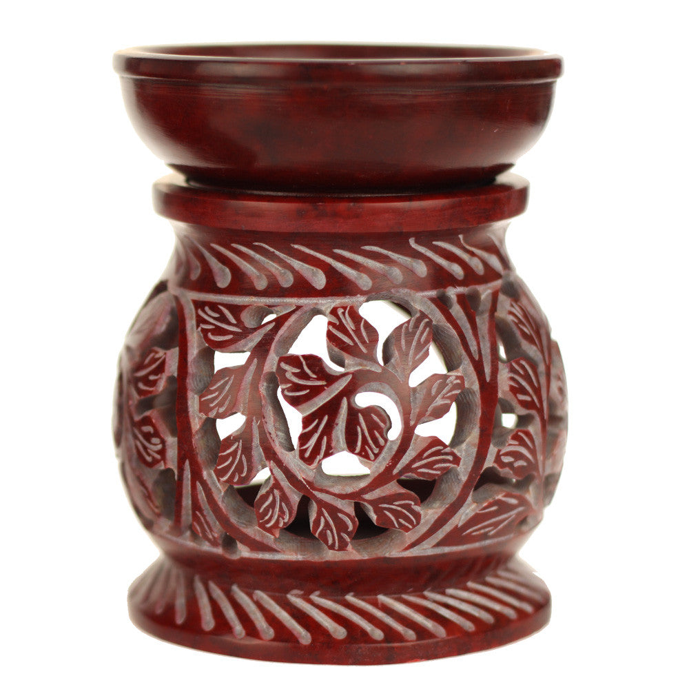 Oil Diffuser - Red Soapstone Oil Burner Round leaves 4" - Wholesale and Retail Prabhuji's Gifts