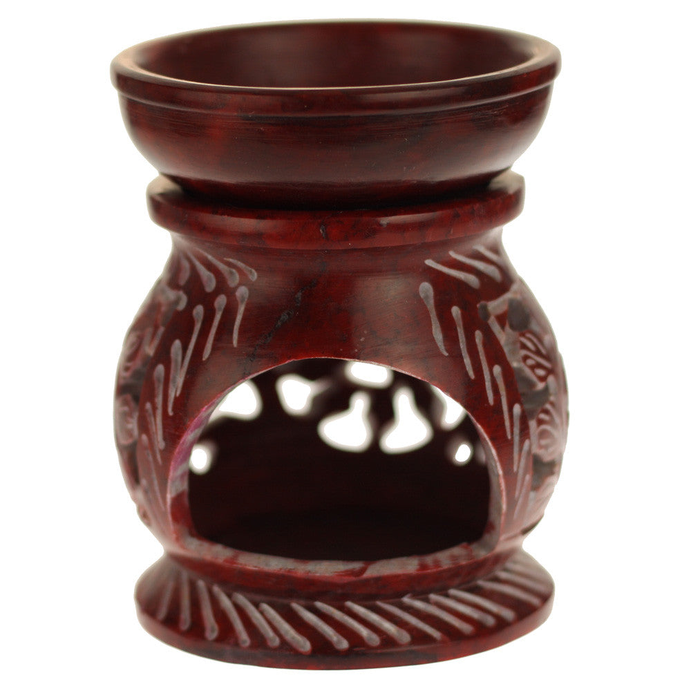 Oil Diffuser - Red Soapstone Oil Burner Round leaves 4" - Wholesale and Retail Prabhuji's Gifts