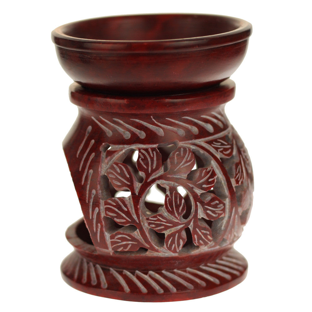 Oil Diffuser - Red Soapstone Oil Burner Round leaves 4" - Wholesale and Retail Prabhuji's Gifts