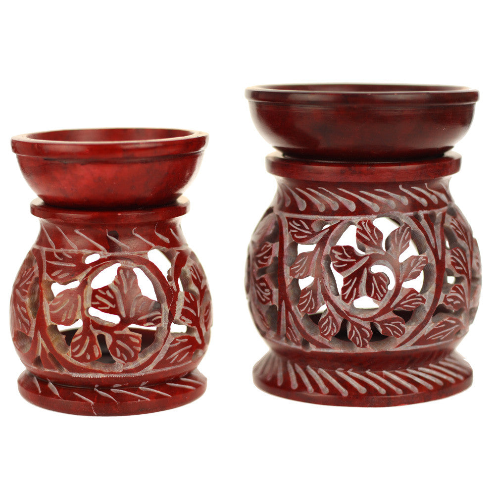 Oil Diffuser - Red Soapstone Oil Burner Round leaves 4" - Wholesale and Retail Prabhuji's Gifts