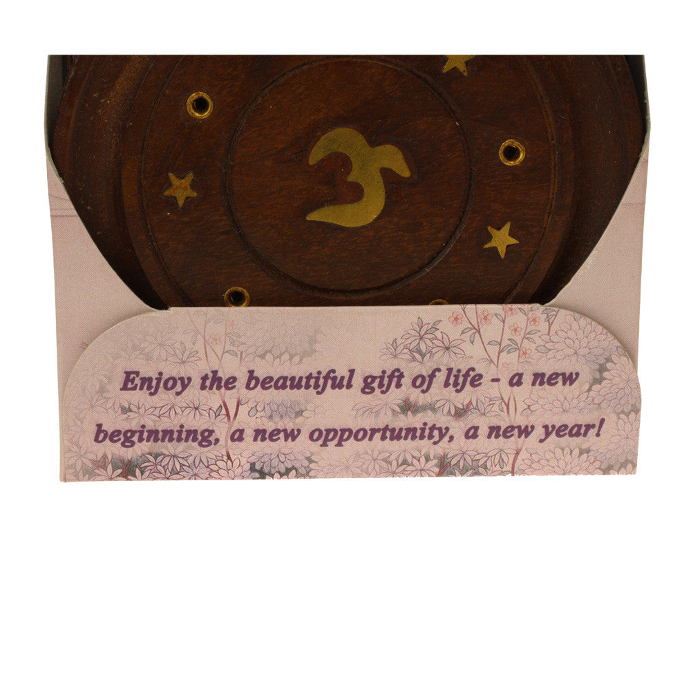 Incense Gift Set - Wood Round Burner + 3 Harmony Incense Sticks & Holiday Greeting (Gaudi, Gaudmalhar, Bhairavi) - Wholesale and Retail Prabhuji's Gifts