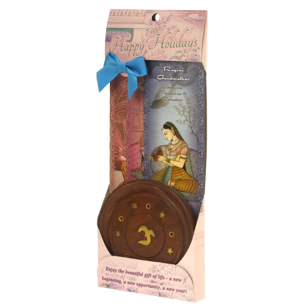 Incense Gift Set - Wood Round Burner + 3 Harmony Incense Sticks & Holiday Greeting (Gaudi, Gaudmalhar, Bhairavi) - Wholesale and Retail Prabhuji's Gifts