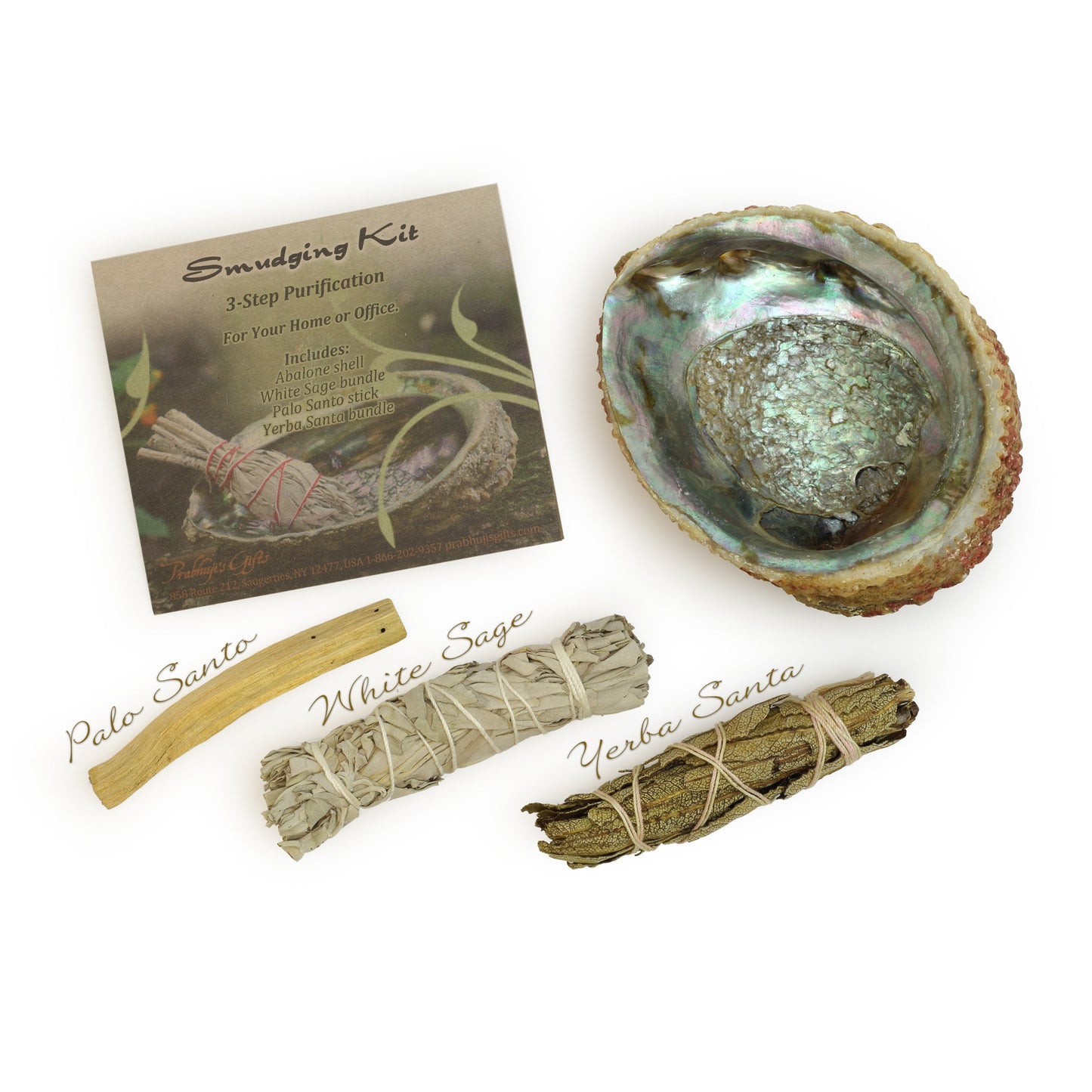 Prabhuji Kit - Smudging Kit Palo Santo - Sage - Yerba Santa - Abalone shell - with Purification Instruction Booklet