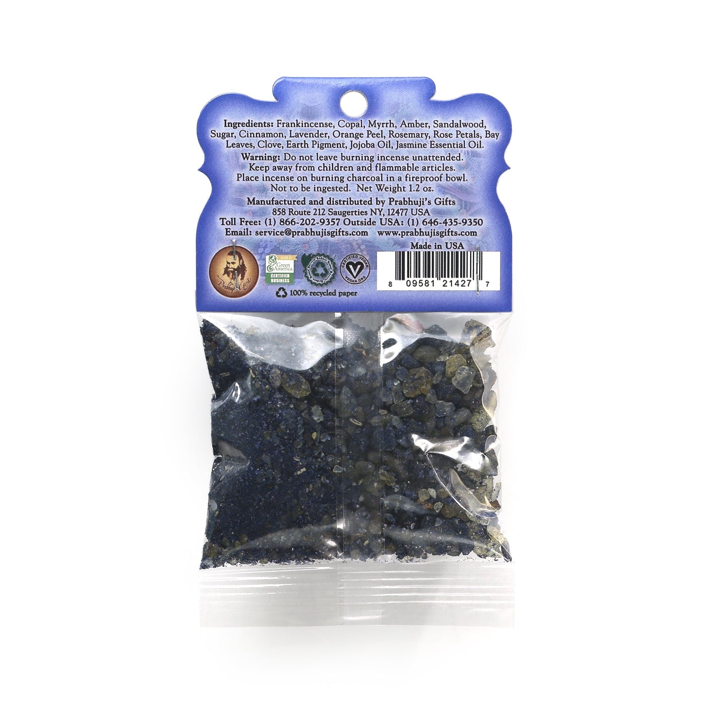 Prabhuji Resin Incense Third Eye Chakra Ajna - Concentration and Intuition - 1.2oz bag