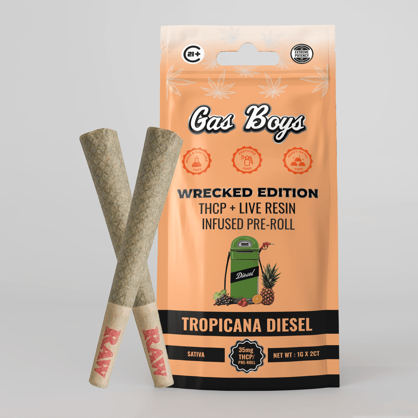 THCP LIVE RESIN INFUSED PRE - ROLL Tropicana Diesel Display Box - Indica (10ct pouches) - Tree Spirit Wellness