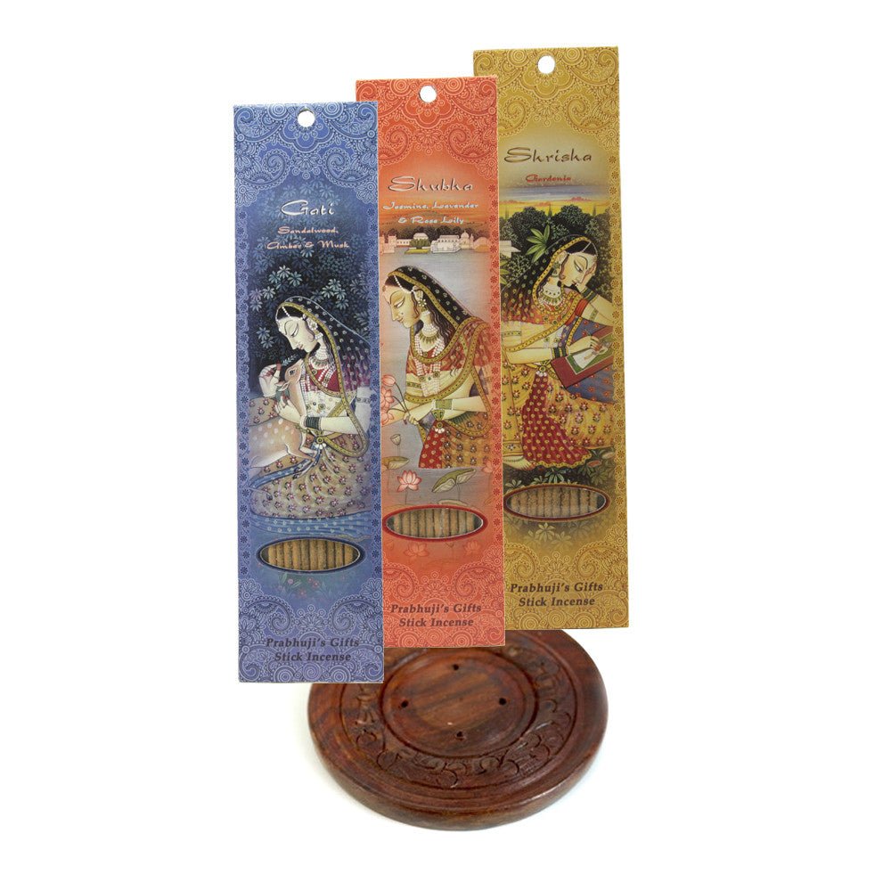 Incense Gift Set - Wood Round Burner + 3 Meditation Incense Sticks Packs & Holiday Greeting - Tree Spirit Wellness