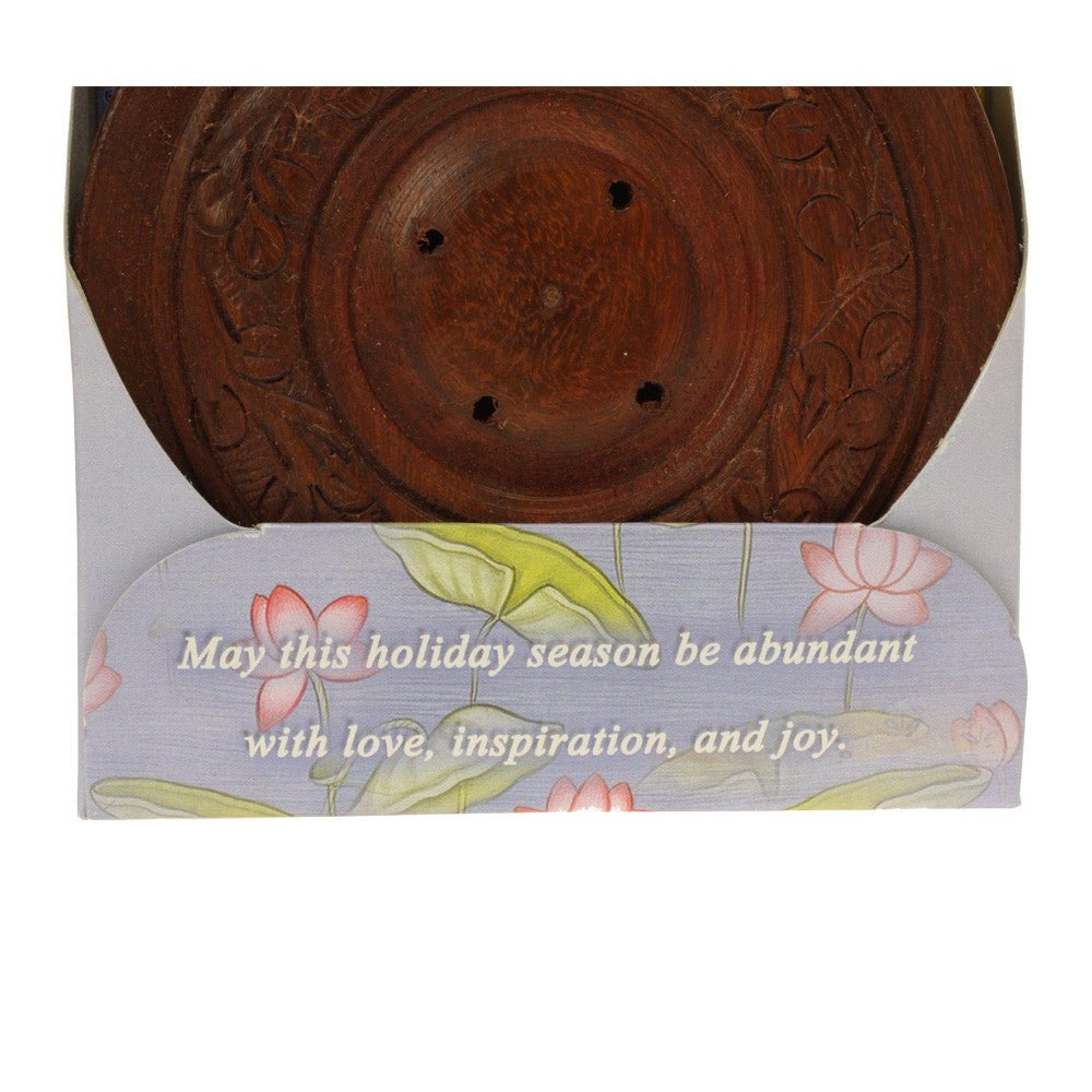 Incense Gift Set - Wood Round Burner + 3 Meditation Incense Sticks Packs & Holiday Greeting - Tree Spirit Wellness