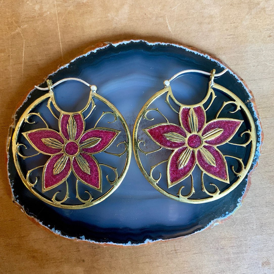 Red Lilly Vine Hoops - Silver Post - Tree Spirit Wellness