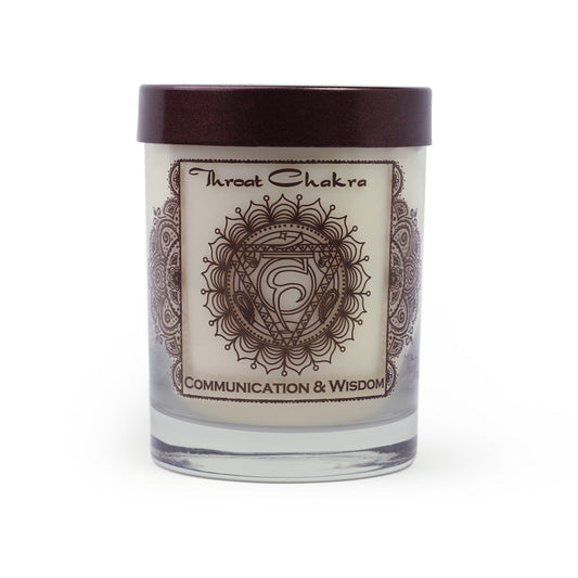 Soy Candle for Chakra Meditation Scented with Essential Oils | Throat Chakra Vishuddha | Woods & Amber | Communication and Wisdom - 10.5oz - Wholesale and Retail Prabhuji's Gifts 