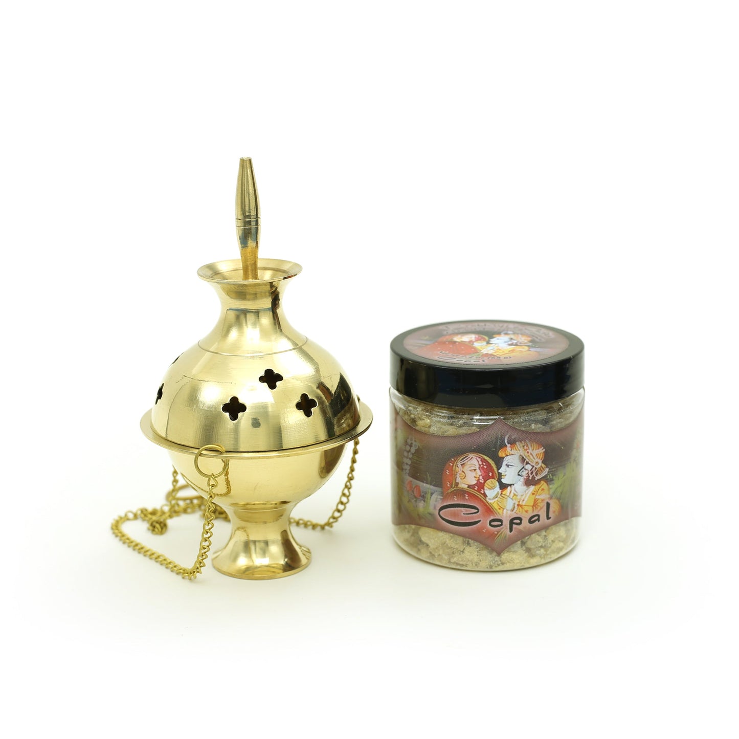 Prabhuji Burner - Hanging Brass Burner, Quatrefoil Jali 5"Hx2.75"D"