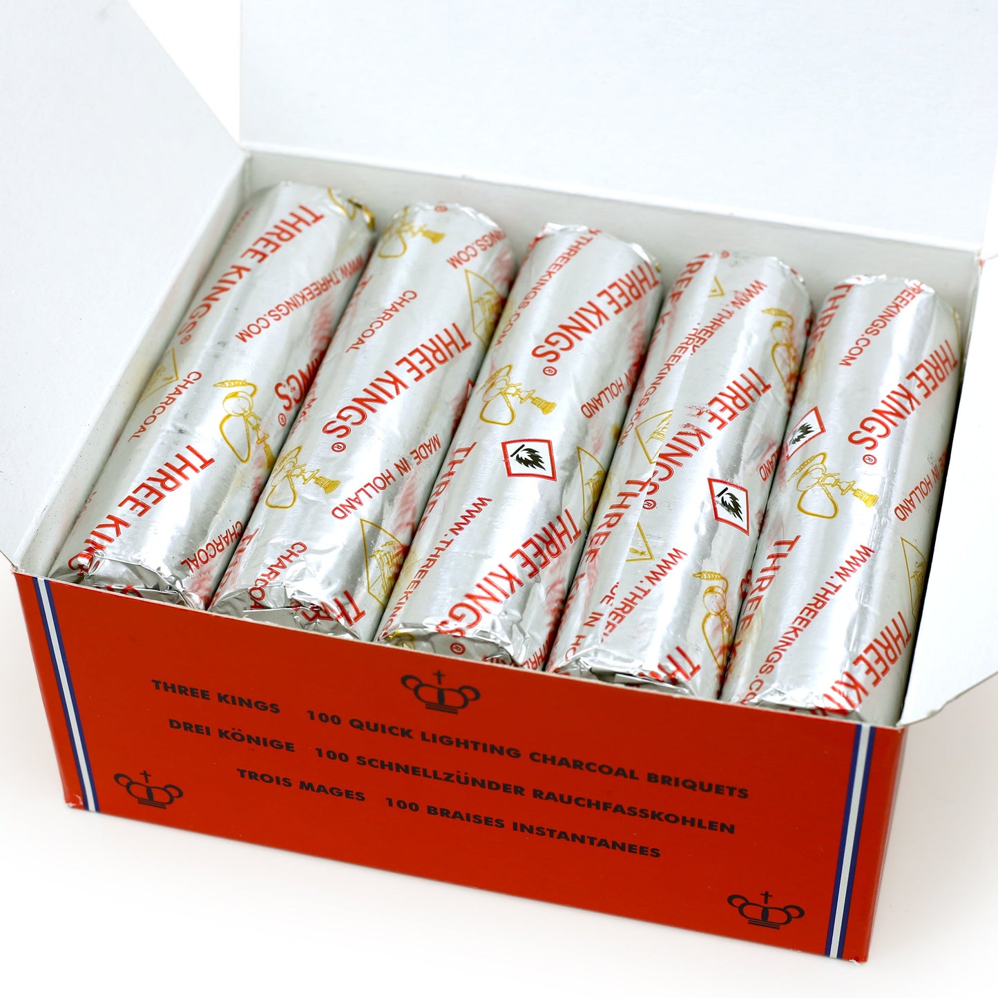 Prabhuji Three Kings Charcoal Box - 10 Rolls (10 Briquets Each)