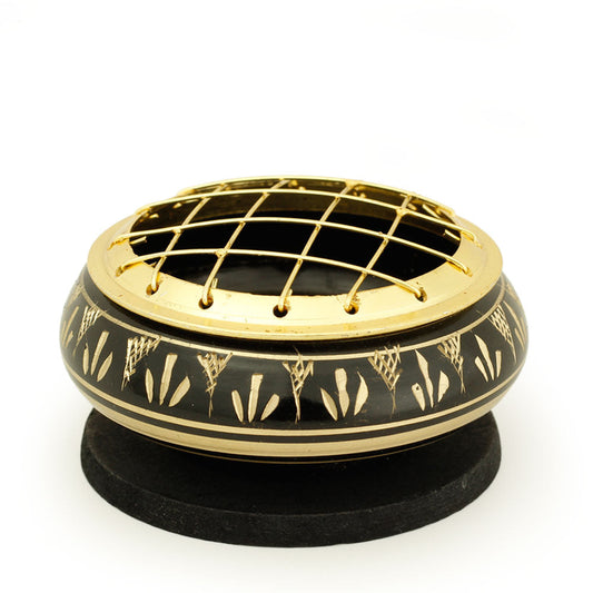 Burner - Black Brass Burner, Low Base, Fern Engraving, Net Top 1.25"Hx2.75"D - Wholesale and Retail Prabhuji's Gifts 