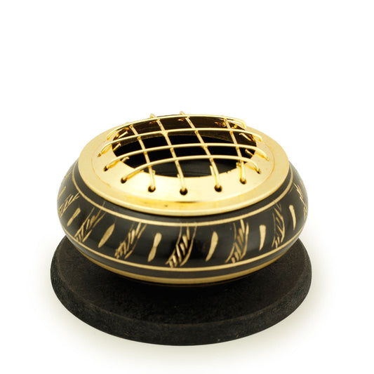 Burner - Black Brass Burner, Low Base, Feather Engraving, Net Top 1.25"Hx2.25"D - Wholesale and Retail Prabhuji's Gifts 