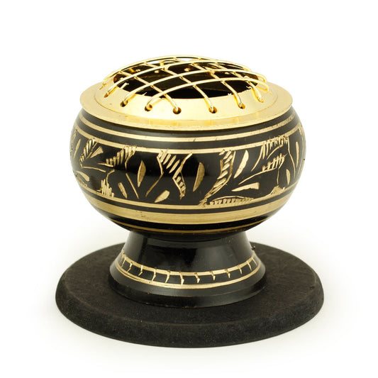 Burner - Black Brass Burner, Medium Base, Fern Engraving, Net Top 2"Hx2"D - Wholesale and Retail Prabhuji's Gifts 