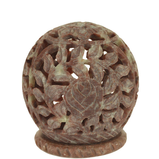 Burner for Cones and Candle Holder - Soapstone Carved T-Lite Ball - Leaves 3 inches - Wholesale and Retail Prabhuji's Gifts 