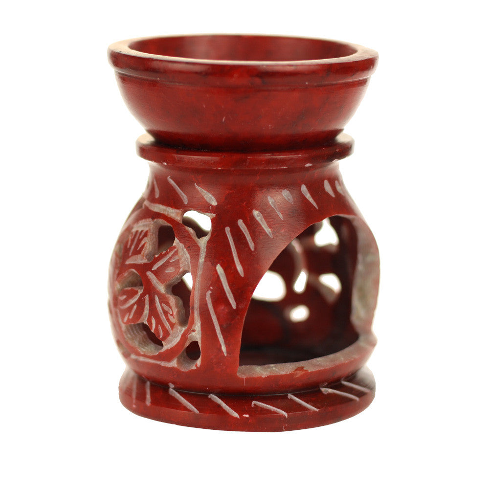 Oil Diffuser - Red Soapstone Oil Burner Round leaves 3.25" - Wholesale and Retail Prabhuji's Gifts 