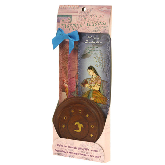Incense Gift Set - Wood Round Burner + 3 Harmony Incense Sticks & Holiday Greeting (Gaudi, Gaudmalhar, Bhairavi) - Wholesale and Retail Prabhuji's Gifts 