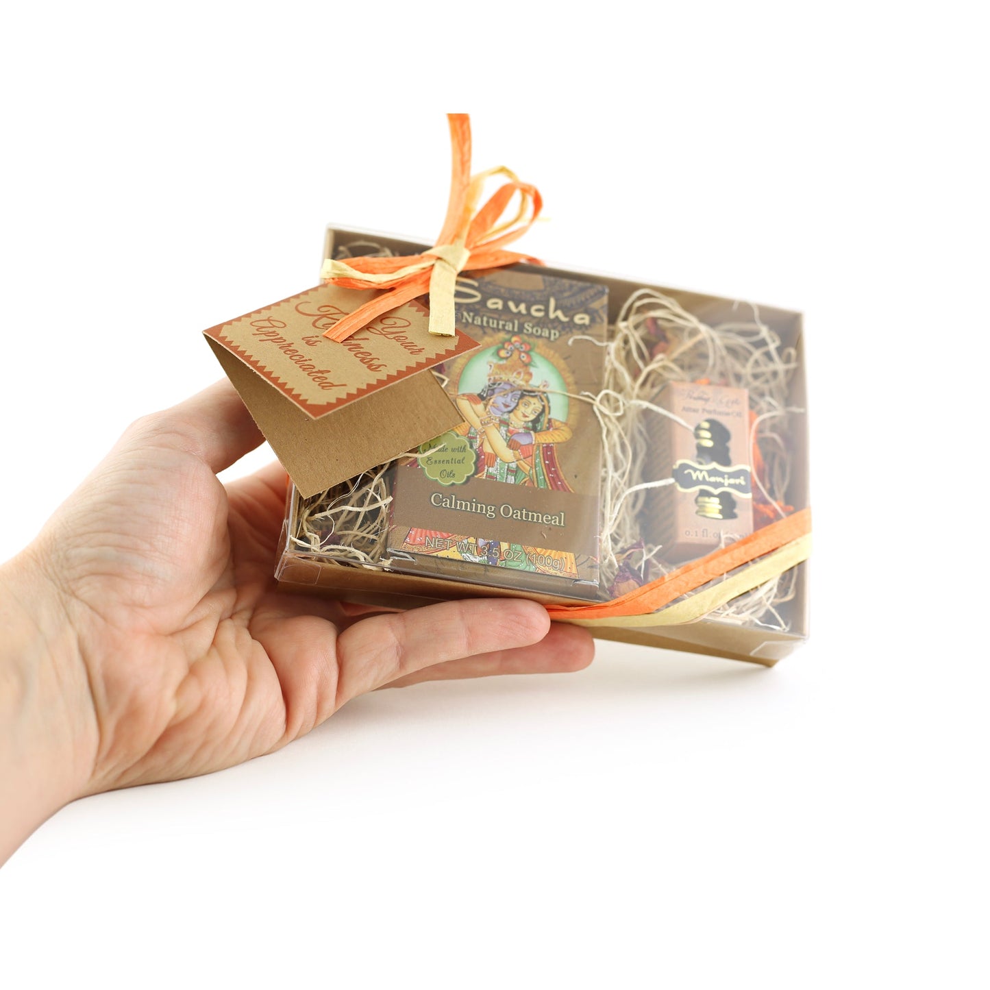 Prabhuji Gift Set - Saucha Bar Soap 'Calming Oatmeal' and Attar Oil 'Manjari' - with Greeting 'Your kindness is appreciated'