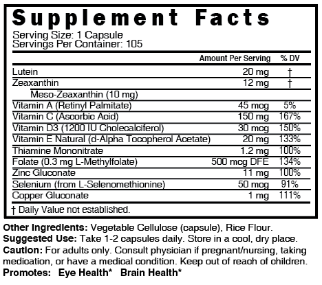 Lutein, Zeaxanthin & Meso-Zeaxanthin Triple Carotenoid Vision Complex 20/12mg- 60ct