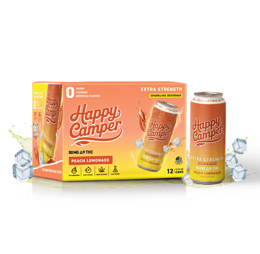 happy camper Peach Lemonade - 50mg Delta 9 THC - 355 ml Extra Strength - 12 pack - Tree Spirit Wellness