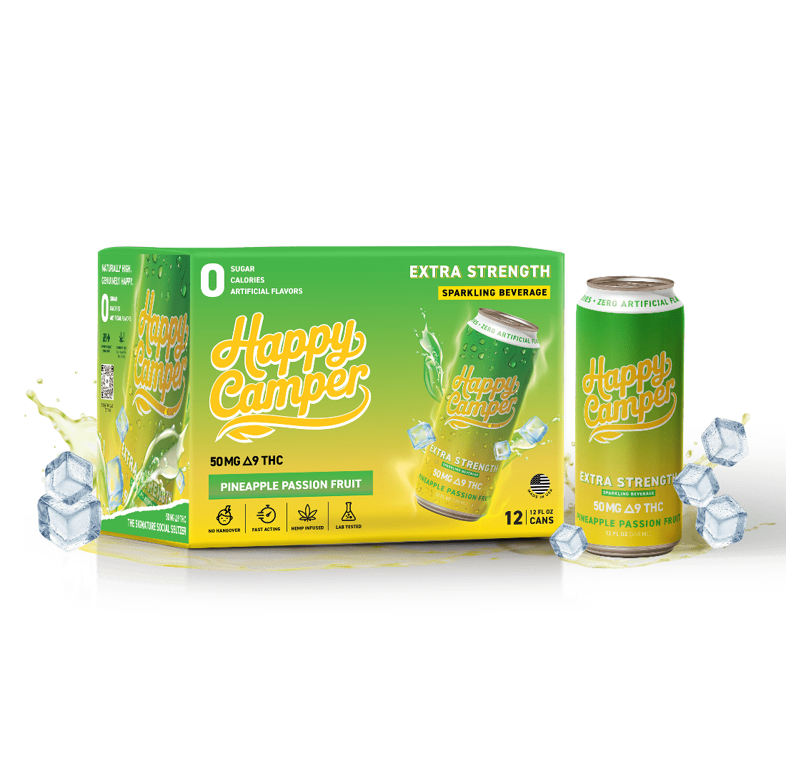 happy camper Pineapple Passion Fruit - 50mg Delta 9 THC - 355 ml Extra Strength - 12 pack - Tree Spirit Wellness
