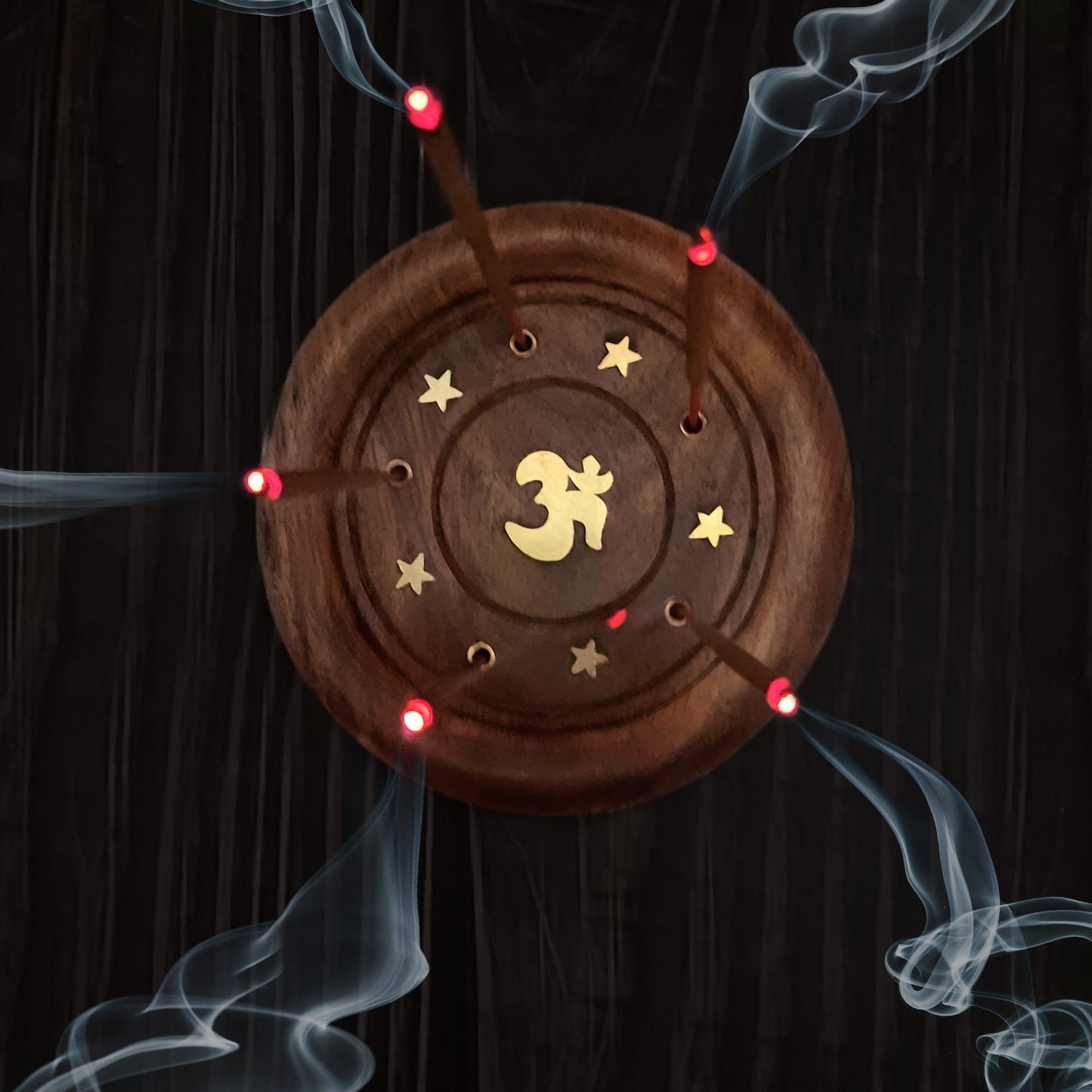 Incense Burner - Wooden Round Plate with Om - 4 inches - Tree Spirit Wellness