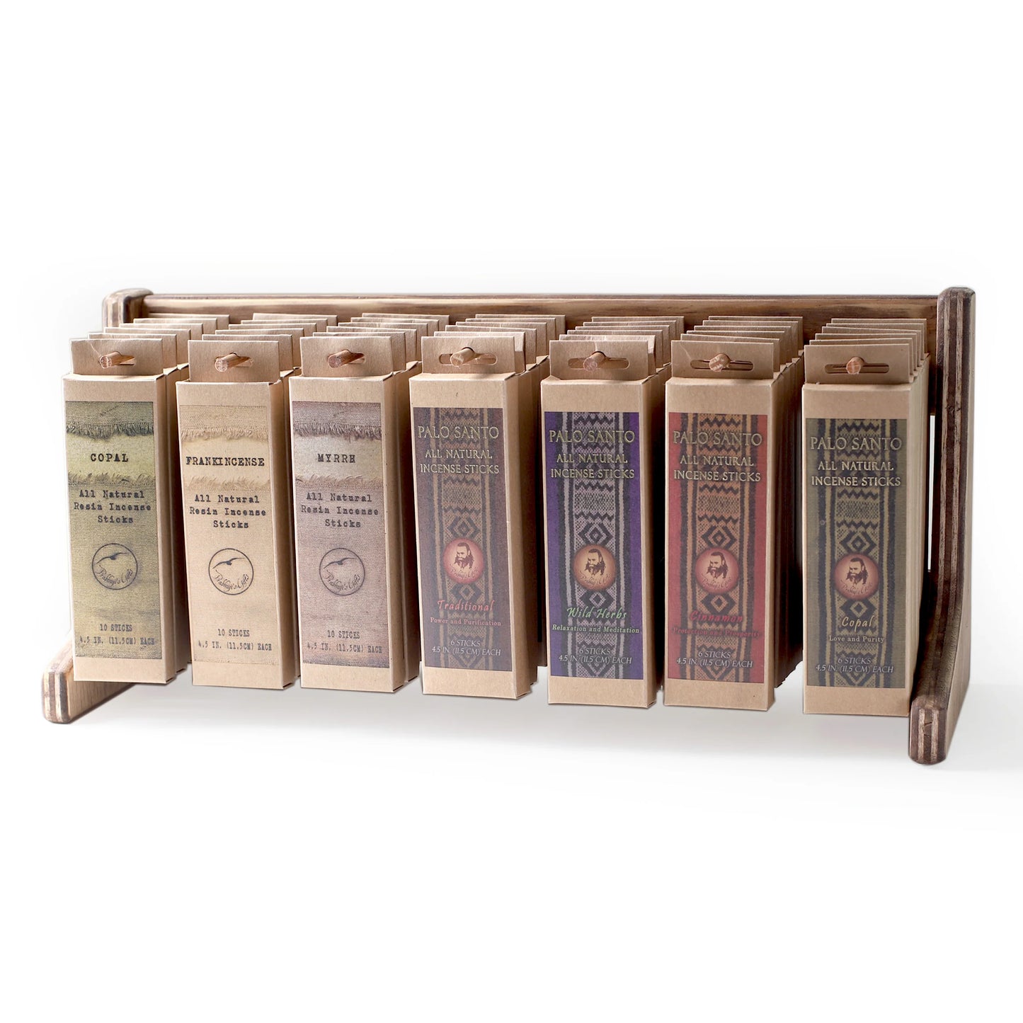Display Rack - Palo Santo and Natural Resin Smudging Stick Incense Lines (6 packs each) - 42 Packages