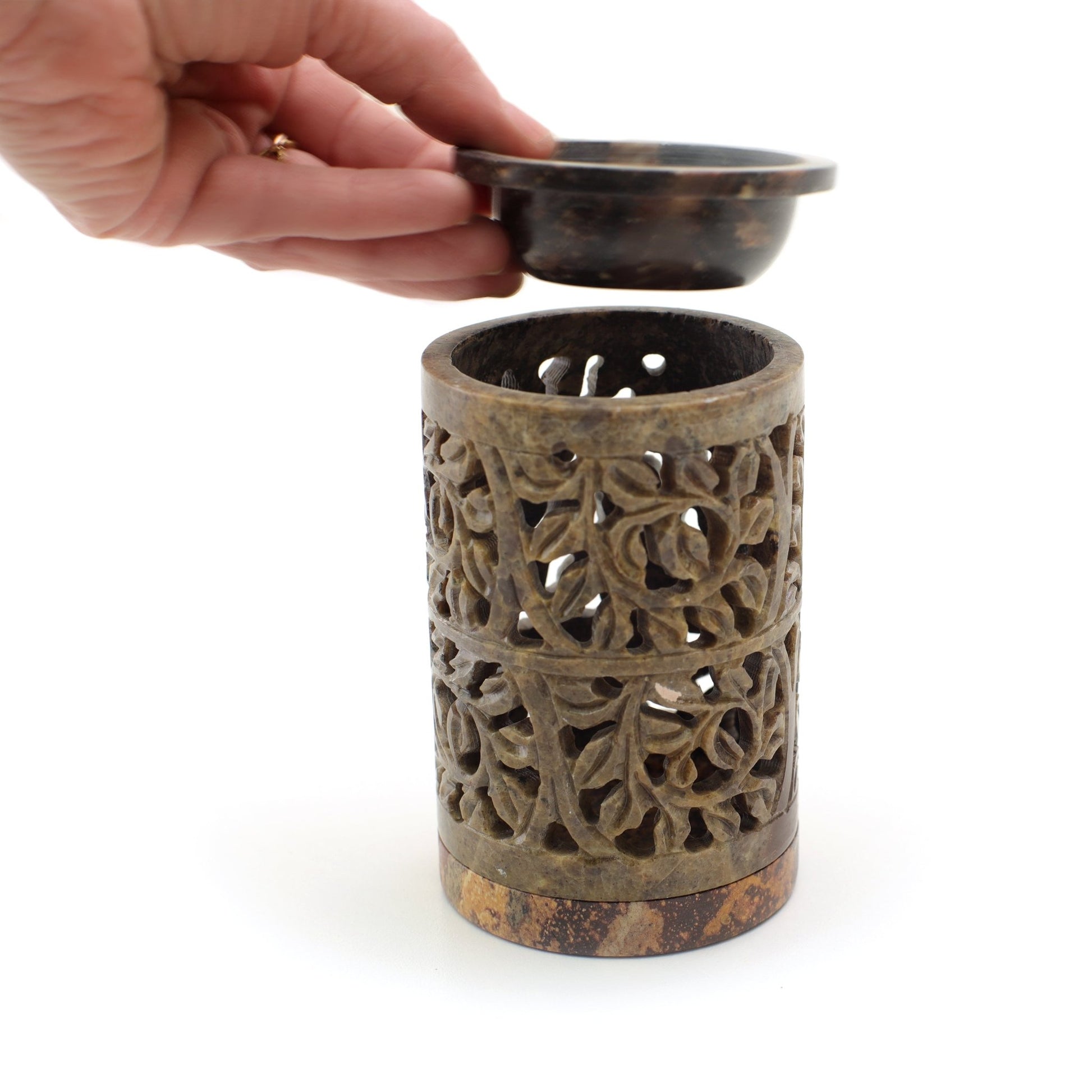Oil Diffuser - Natural Soapstone Oil Burner Ornamental Leaves 4.75" - Tree Spirit Wellness