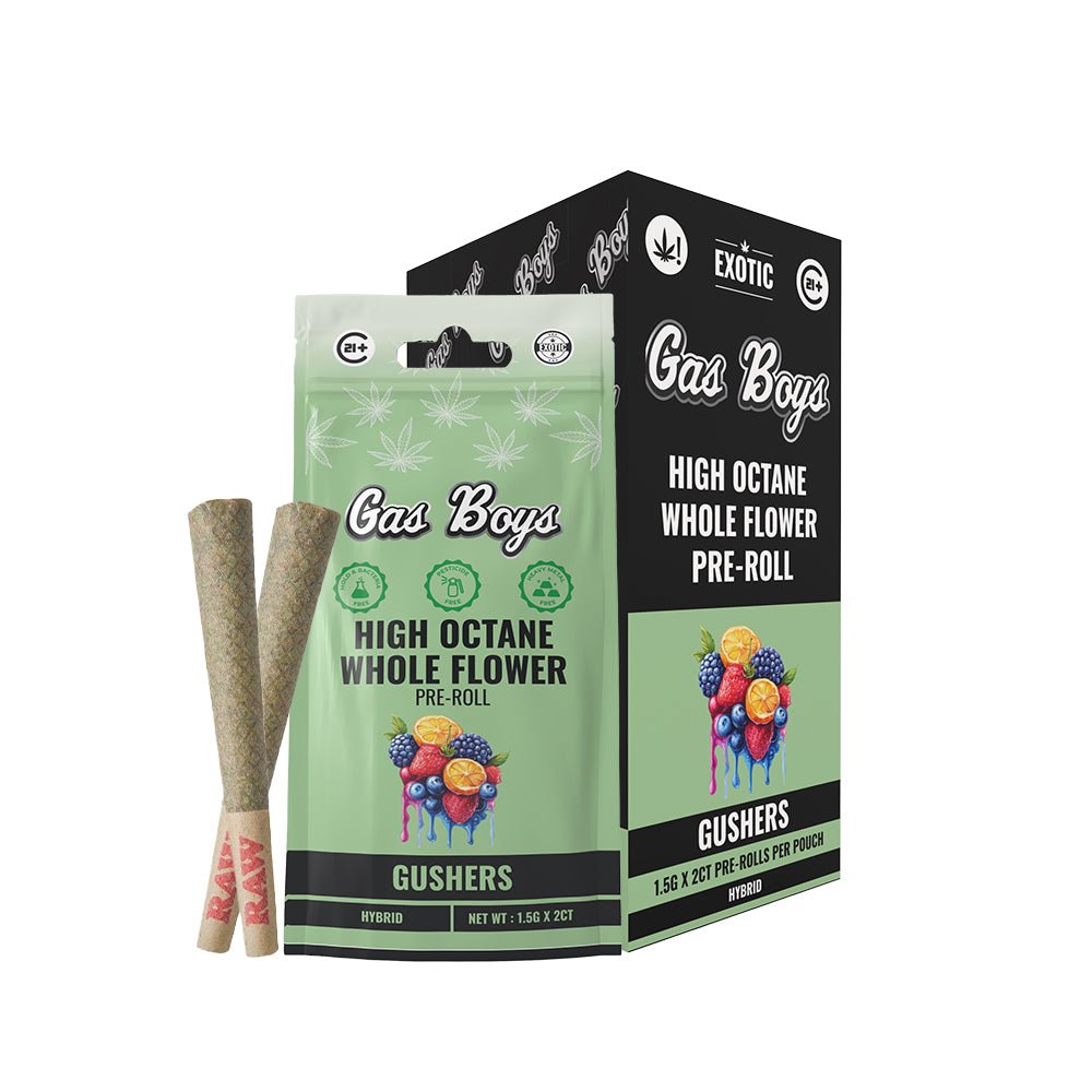 THCA Whole Flower PRE - ROLL Gushers Display Box - Hybrid (10ct pouches) - Tree Spirit Wellness
