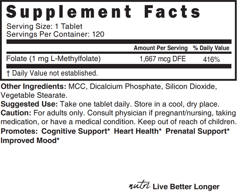 5-MTHF L Methylfolate 1 MG - 120 Vegan Tablets - Tree Spirit Wellness