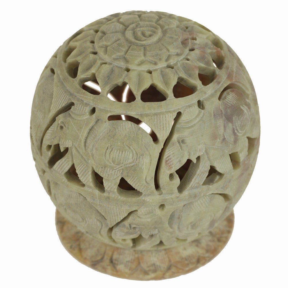 Burner for Cones and Candle Holder - Soapstone Carved Tea-Light Ball - Elephant 3.5 inches - Tree Spirit Wellness